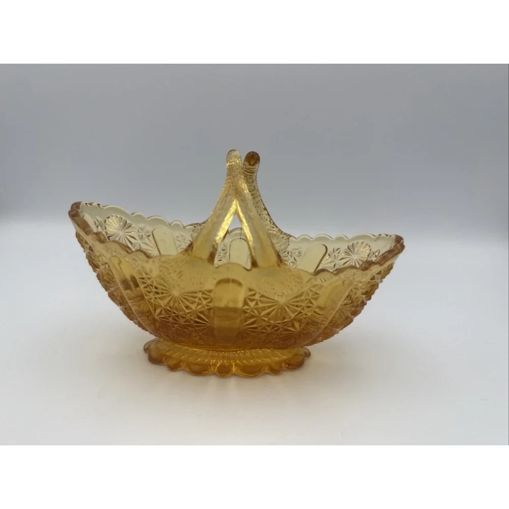 Vintage Fenton Honey Amber Daisy Button Glass Basket Dish with Split Twig Handle
